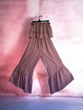 Japna Mauve Striped Smocked-Waist Wide-Leg Strapless Jumpsuit S